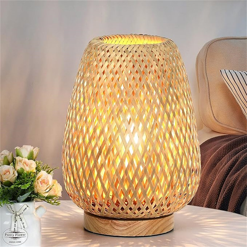 Rattan Table Lamp Stepless Dimmable Small Beside Lamp Vintage Wicker Wooden Nightstand Lamp Boho Bamboo Woven End Table Lamp For Bedroom Living